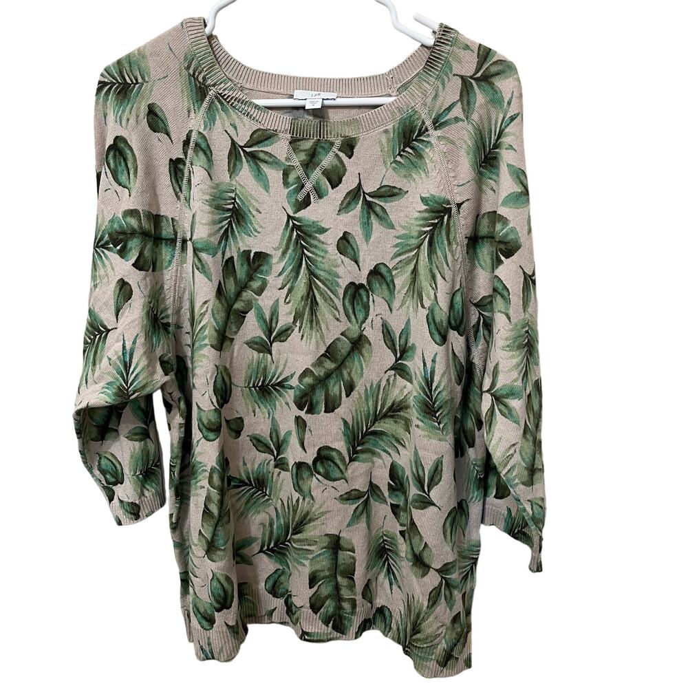 J.Jill Sweater Sz Medium Tropical Super Soft Tan/Green 3/4 Sleeve
